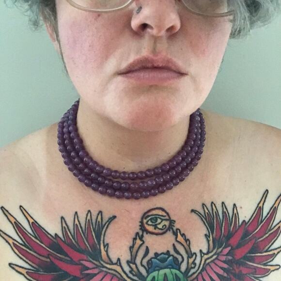 Vintage Purple Jade Gemstone Multistrand Necklace Blue Cateye Moonstone Clasp - Picture 2 of 5